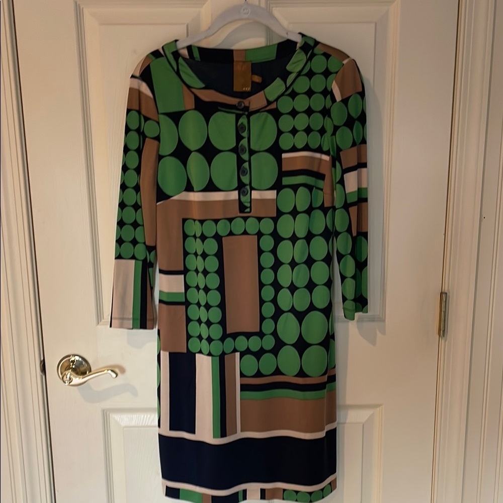 Ali Ro Geometric Green and Tan Long Sleeve Dress